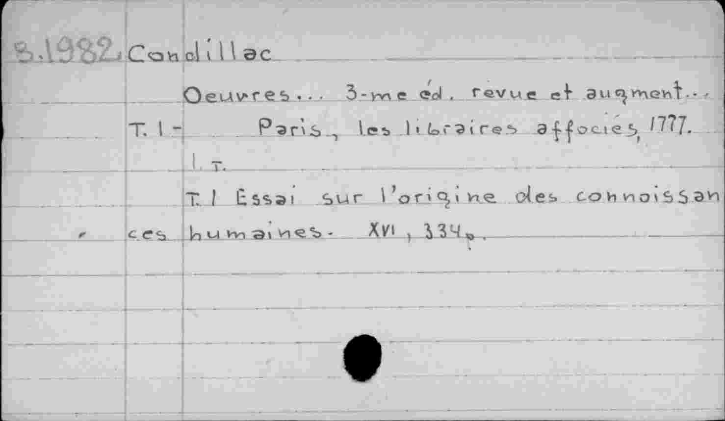 ﻿C<on cl ' 11 ас
Oeuvres.. 3-nne <?ol , revue et augment-?
T. I -	P a г iS., les ItkrîireS a-^fociei, '7Î7<
T. 1 Essai _Sur l’on^ine oies cohnaiSSan c.es .b u wi avvi’eS.•_ÄY! > ЛЗЧ ^.._:____